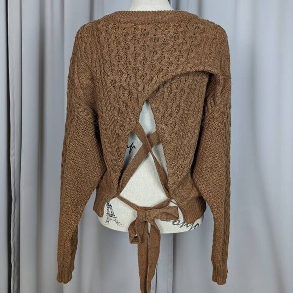 Beige Botany Cable Knit Open Back Wool Blend Sweater Brown Size Small - Picture 2 of 13